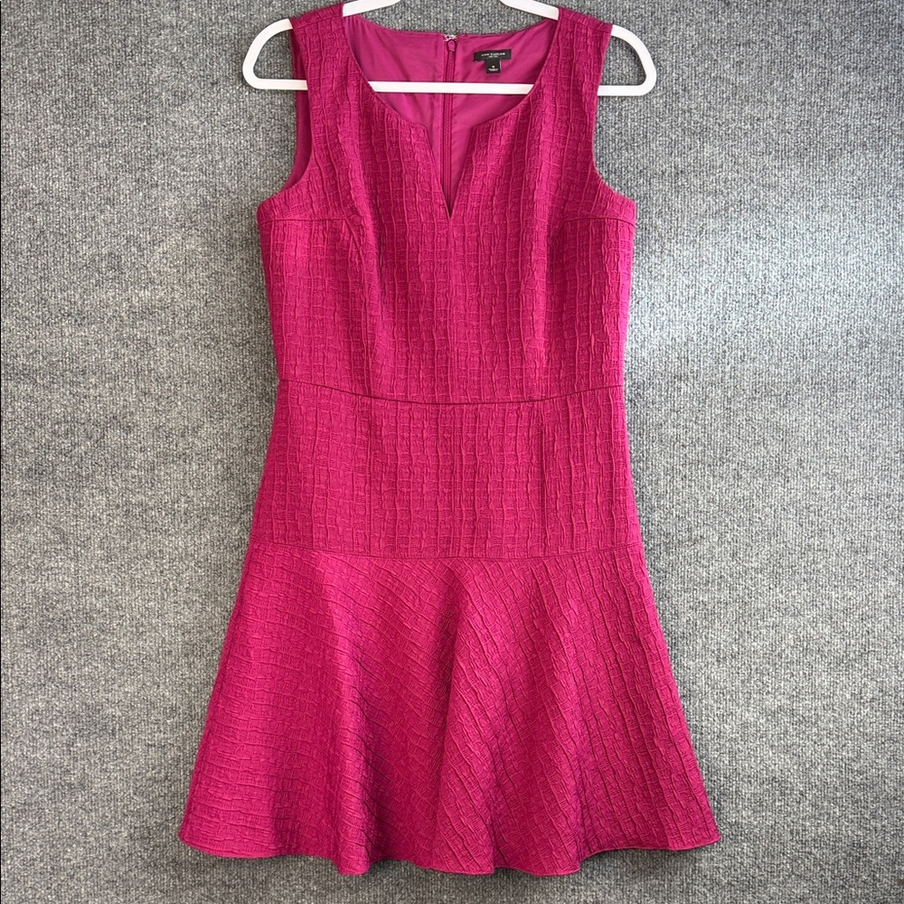 Ann Taylor Fuchsia Textured Dress Notched V-Neck Drop Waist Flutter Skirt Size 4